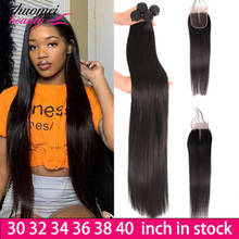 Straight Bundles With Closure Brazilian Hair Weave Bundles 4x4 Closures With Bundles 30 32 34 40"Human Hair Bundles With Closure 2024 - buy cheap