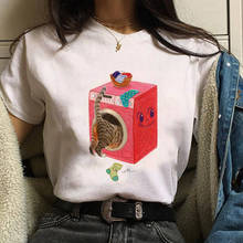 Camiseta de verão feminina, camiseta casual branca de manga curta, camiseta estampada fofa de gato, estilo coreano, camiseta feminina gráfica 2024 - compre barato