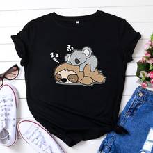 Camiseta con estampado de Koala Sloth para Mujer, Camiseta Harajuku de algodón para Mujer, Camiseta holgada de manga corta, Camiseta negra para Mujer 2024 - compra barato