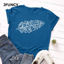 JFUNCY  Women T Shirt New Feather Print T-shirts Female Short Sleeve Cotton Tees Tops Woman Summer Tshirt 2024 - buy cheap