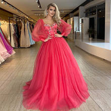 Vestidos de novia de tul rojo con corte en A para mujer, ropa de fiesta de boda, con mangas largas y farol, 3D, flores, para baile de graduación 2024 - compra barato