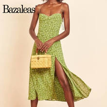 Женское платье миди Bazaleas, зеленое платье с цветочным принтом, элегантное платье на тонких бретельках, винтажное эластичное платье с разрезом по бокам 2024 - купить недорого