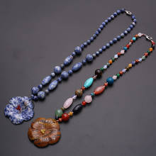 Collar de piedras naturales de sodalíta para mujer, collares y colgantes con forma de flor, joyería Bohemia, Druzy chacra, nuevo diseño 2024 - compra barato