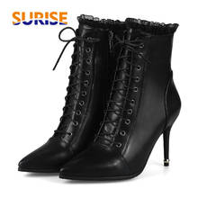Winter Women Ankle Boots High Spike Heel Pointed Toe Black White Casual Office Lady Zipper Lace Thin Stiletto Short Martin Boots 2024 - buy cheap