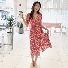 New chiffon bellflower women's European and American V-neck dress pink print girl long wrap dress 2024 - buy cheap