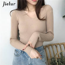 Jielur-suéter de punto de moda coreana para mujer, suéteres con cuello en V, Tops ajustados para mujer, Jersey, ropa de mujer 2024 - compra barato