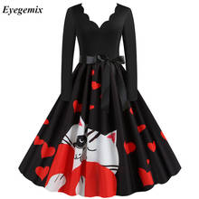 Vestido de fiesta de manga larga con estampado de gato para mujer, ropa informal de retales negros, Vintage, Rockabilly, elegante, ajustado, para oficina 2024 - compra barato