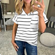 Stripes White Shirts And Blouses For Women Plus Size Summer Tops Fashion Womens Casual Basic Pockets V-neck Short Sleeves Tops 2024 - buy cheap