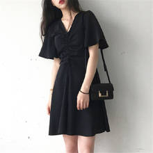 Vestido curto estiloso feminino, vestido preto de manga curta com cordão vincado plus size 2020 2024 - compre barato