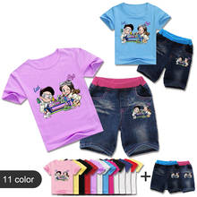 Conjunto infantil para verão, camiseta com estampa de desenhos animados para meninos e meninas, manga curta + shorts em jeans, 2 peças 2024 - compre barato