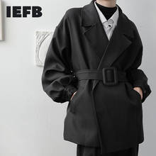 IEFB /men's wear buckle short style windbreaker coat 2022 new Autumn notched collar long sleeve fit trench with belt 2022 2024 - buy cheap