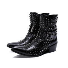 Botas de couro Da Motocicleta Rebite Ponto Toe Botas Novas de Rock E Sapatos de Strass Fivela Botas com Tira No Tornozelo High Heel Inverno Dos Homens sapatos 2024 - compre barato