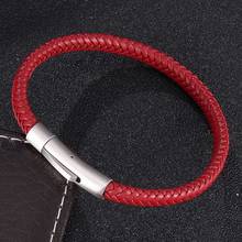 Fashion 6mm Red Leather Braided Bracelets Unisex Simple Jewelry Stainless Steel Snaps Accessories Weave Bangles Gifts S0463 2024 - buy cheap