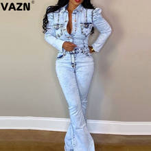 VAZN Hot Sale Sexy V-neck Women Jean Blue Full Sleeve Office Lady Party Beach Jumpsuits Full Pant Bandage Rompers 2024 - buy cheap