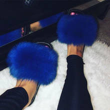 Summer Real Fox Fur Slides Extra Fluffy Luxury Sandals Women Shoes Elegant Rainbow Comfortable Flip Flops Fuzzy Furry Big Size 2024 - buy cheap