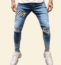 Nova moda jeans masculina emendado rasgado calças de brim lápis jeans remendo fino biker jeans xadrez paster jogging movimento calças 2024 - compre barato