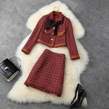 2021 autumn winter women designer celebrity plaid tweed skirt set OL elegant bow short coats + tassel mini skirt suit set Y376 2024 - buy cheap