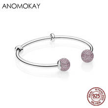 Anok pulseira prateada 925 genuína, bracelete com pulseira de prata esterlina rosa com cristais cz aberta de luxo para mulheres, joalheria de luxo 2024 - compre barato