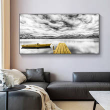 Impresiones de paisaje blanco y negro, pintura en lienzo, puente de barco amarillo y Lago, carteles de arte de pared, imágenes de cielo para sala de estar y dormitorio 2024 - compra barato