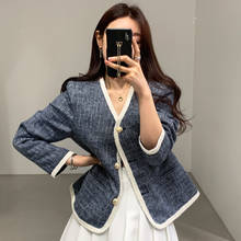 Jaqueta feminina manga comprida, casaco curto com gola v, contraste de cor casual 2024 - compre barato