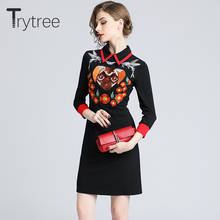 Trytree  Autumn Women Casual Dress Turn-down Collar Embroidery Zipper Black A-line Loose Fashion Elegant Office Lady Mini Dress 2024 - buy cheap