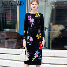 MIUXIMAO 2021 Spring Autumn Diamonds Embroidery Full Sleeve Black Pencil Knee-Length Skirt Party Midi  Dress Women Vestidos 2024 - buy cheap