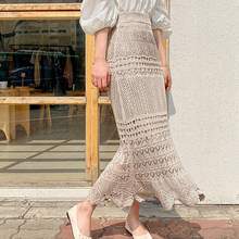 SMTHMA Summer Elegant Ladies Knitting Long Slim Skirts Women Hollow Out Elastic High Waist Korea Skirt Black Khaki 2024 - buy cheap