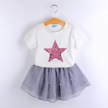 Meninas define novo estilo de moda verão crianças roupas lantejoulas estrelas camiseta + vestido 2 peças roupas dos miúdos 2024 - compre barato