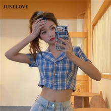 JuneLove Women Summer Plaid Turn Down Collar 7colors Sweet Crop Top All-match Korean Style Button Up Shirts Lady Streetwear Tops 2024 - buy cheap