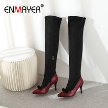 ENMAYER Basic Pointed Toe Slip-On Stretch Fabric Faux Suede Slim Boots 2019 Shoes Woman Thigh High Boots PU Winter Boots Women 2024 - buy cheap