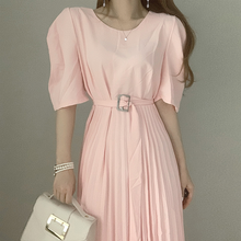 2021 Korea Summer Dress Women Solid Cotton Simple Dress for Women Vintage High Waist Pleated Loose Long Dresses Vestido 14160 2024 - buy cheap