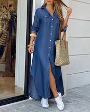 2020 Women Fashion Elegant Denim Casaul Maxi Dress Denim Button Through Slit Shirt Dress 2024 - buy cheap