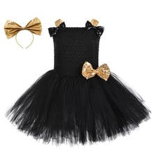 Vestido tutu com faixa para cabeça, fantasia de princesa, vestido dourado preto com laço 2024 - compre barato