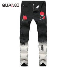 QUANBO  Men's  Embroidery Rose Distressed Jeans Autumn Winter Fashion Hold Ripped  Black  Streetwear Men Jeans Plus Size 38 40 2024 - buy cheap