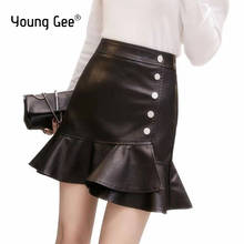 Young Gee Ruffle high waist skirt mini sexy short black Sash elegant leather skirts women faux leather mermaid skirt 2024 - buy cheap