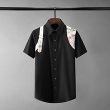 Minglu camisas masculinas de algodão, de alta qualidade, manga curta, cinto de ombro, emenda, camisas casuais, slim fit, camisas masculinas 4xl 2024 - compre barato