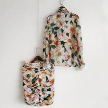 Conjunto de 2 piezas de moda de pasarela para verano, camisa con lazo y estampado de flores amarillas de alta calidad, falda con funda y abalorios, 2021 2024 - compra barato