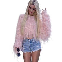 New Sweaters Sexy Tassel Knitted Pullovers Women Furry Long Sleeve Short Tops Solid Color Elegant Fashion O-Neck Lady Clothing 2024 - compre barato