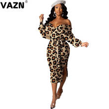 VAZN 2020 Top Quality Plus Size Leopard Sexy Backless Sweet Full Sleeve Lace Up High Waist Women Pencil Thin Midi Dress 2024 - buy cheap