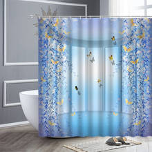 Cortinas de ducha con diseño de mariposas de ensueño, visillos de decoración de baño con estampado de flores de vid y fondo azul, con ganchos 2024 - compra barato