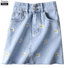 Mini saia jeans bordada com margaridas, saia azul casual plus size para mulheres cintura alta e flores 2024 - compre barato