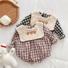 Spring Autumn Baby Plaid Bear Embroidery Bib Bodysuits Infant Boys Girls Cotton Long Sleeve One Piece 2024 - buy cheap