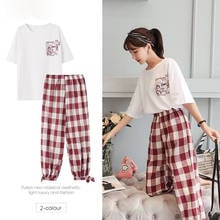 Plaid Pants Suit Female Student Korean Loose Short-sleeved Top + Plaid Nine-point Pants Women's Casual Home Two-piece Suit 2024 - buy cheap