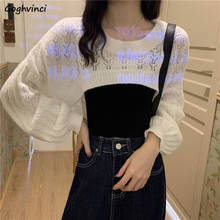 Pullovers Womens Hollow Out Cropped Tops Loose Casual Sexy Lantern Sleeve O-neck Korean Style Streetwear Lady Knitted Fashion 2024 - buy cheap