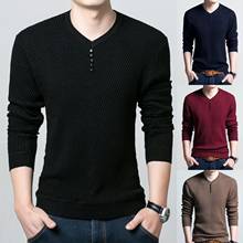 Jersey de manga larga con cuello en V para hombre, blusa informal de fibra acrílica con botones de Color sólido, ropa cómoda para uso diario, otoño 2024 - compra barato