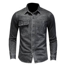 Camisa jeans masculina primavera 100% algodão, camisa preta com lapela manga comprida, camisa fina casual estilo motocicleta, casaco de cowboy 2024 - compre barato