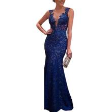 Sexy Women Backless Straps Deep Blue vestidos Mermaid Lace V-Neck Party Dresses Solid Lace Fashion Sleeveless Long Dress 2024 - buy cheap