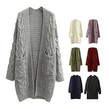 Open Front Sweater Women Cardigan 2020 Faux Wool Mid-length Solid Twist Knitted Europe Autumn Winter long-sleeve Pocket Vestidos 2024 - buy cheap