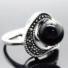 Natural 8mm Black Agates Beads 925 Sterling Silver Marcasite Ring Size 7/8/9/10 2024 - buy cheap