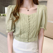 Korean Lace Button Voile Blouses Women Summer 2021 New Square Collar Lantern Sleeve Short Length Tops Short Sleeve Blouses 9364 2024 - buy cheap